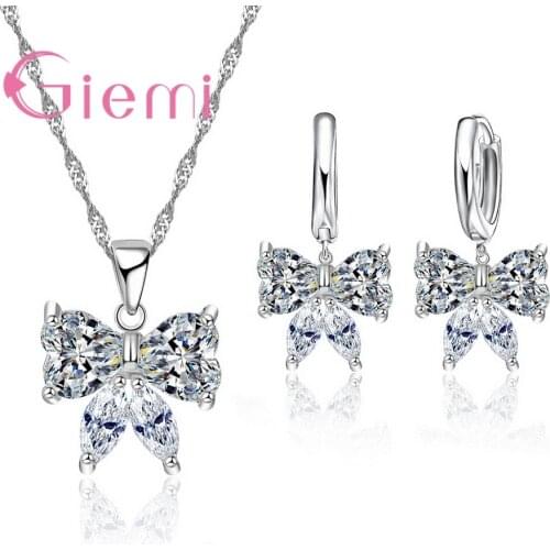 Best Gifts for Women Lovers 925 Sterling Silver Jewelry Sets Cute Bowknot Necklace Earrings Set Women Crystal Bijoux