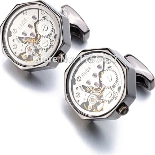 Functional Watch Movement Cufflinks With Glass Stainless Steel Steampunk Gear Watch Mechanism Cufflinks for Mens Relojes gemelos