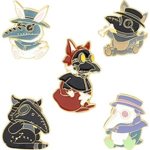 Cartoon Plague Doctor Animal Enamel Pins Cute Fox Rabbit Penguin Brooches Bag Lapel Badge Funny Jewelry Gift for Kids Friends