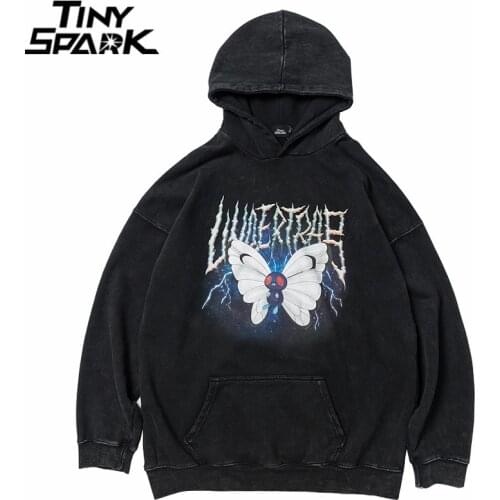 2021 Men Hip Hop Hoodie Sweatshirt Lightning Butterfly Streetwear Hoodie Retro Vintage Washed Black Hooded Pullover Harajuku