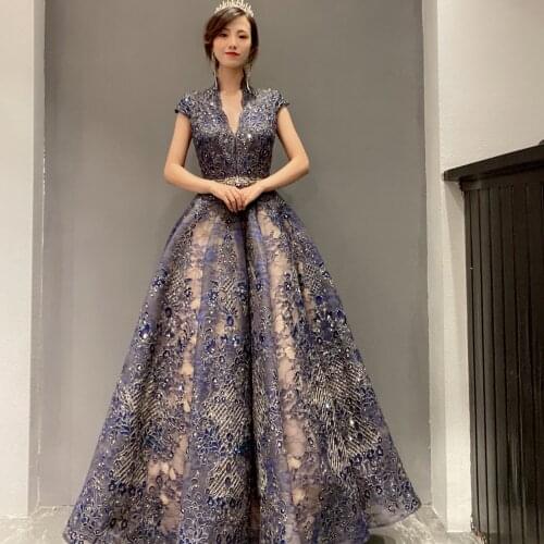 Luxury rhinestone celebrity Split A-line Beaded wedding Evening Dresses 2021 New style Formal dress Cocktail party