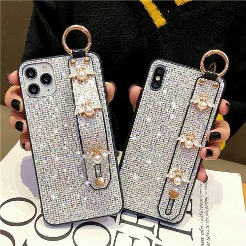 Luxury 3D Pearl Bee Glitter Wrist Strap Phone Case For iphone 12Pro Max 11 7 8Plus XS MAX XR Diamond Wristband Holder Soft Cover