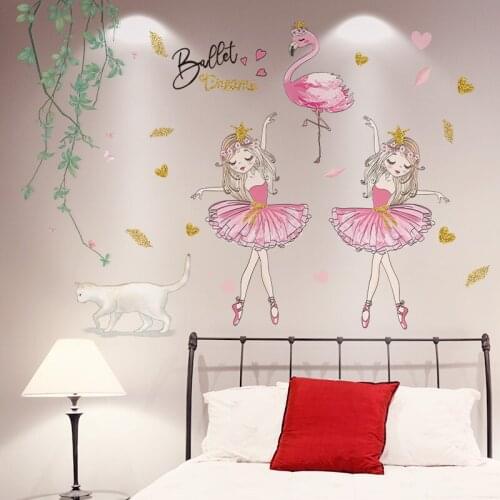 [shijuekongjian] Green Leaves Cat Wall Stickers DIY Girl Flamingo Wall Decals for Kids Room Baby Bedroom House Decoration