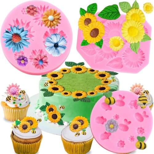 Sunflower Silicone Molds Bumble Bee Fondant Mold Baby Birthday Cake Decorating Tools Flower Cupcake Topper Candy Chocolate Mould
