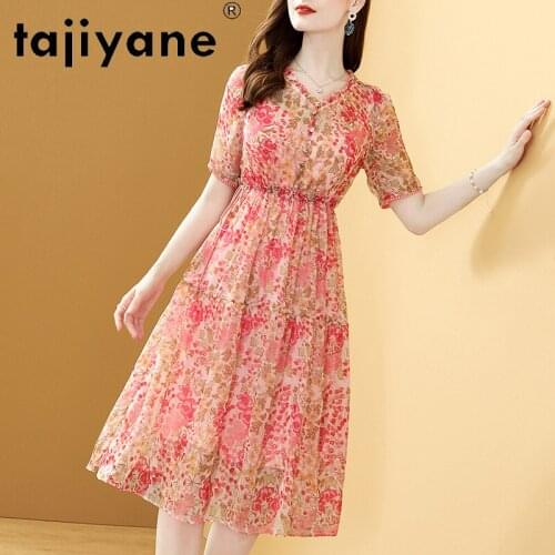 Tajiyane 2021 100% Silk Dresses for Women Summer Dress Woman Midi Dress Floral Real Silk Vintage Womens Dresses Vestido TN2613