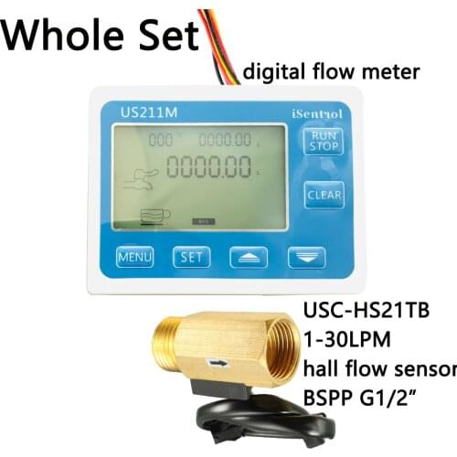 US211M Water Flow Meter Hall Water Flow Sensor Reader with Brass USC-HS21TB 1-30L/min hall water flowmeter