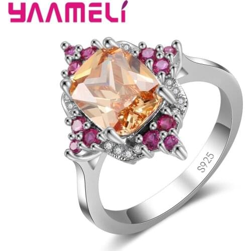 Shiny Champagne Crystal 925 Sterling Silver Wide Rings for Women Cocktail Rings Female Mixed-Color Party Rings Wedding