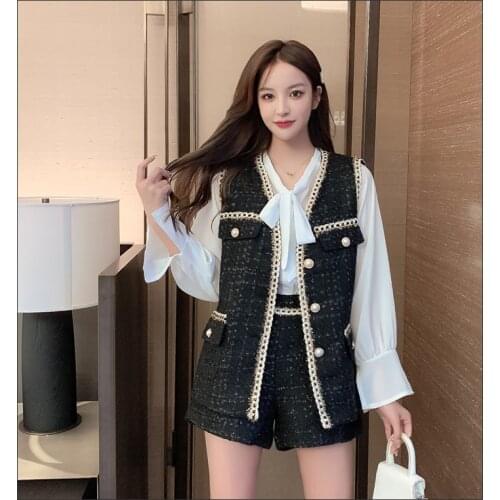 Vintage Tweed Two piece set Women Autumn New Braided trim Chic Button Pocket Vest Jacket + High waist Wide leg Shorts Suits