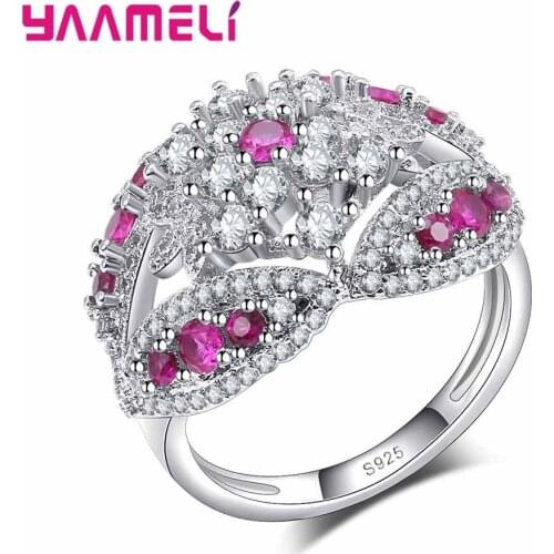 925 Sterling Silver Luxury Purplr/White Crystal Delicate Flowers Stone Ring Charm For Female Gift Party Jewelry