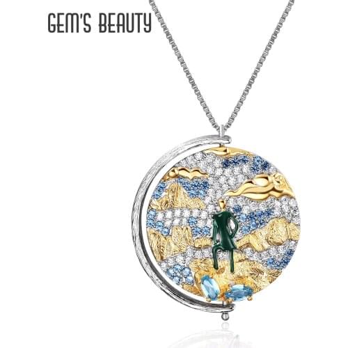 Gems Beauty 925 Sterling Silver Pendant Necklace For Women Jewelry Gift Design Swiss Blue Topaz Round Charm Rotatable Choker