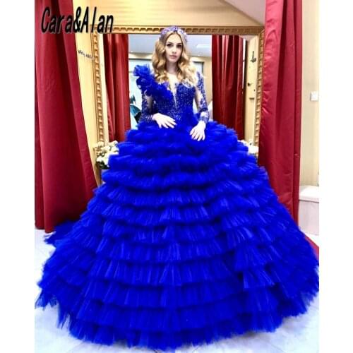 Cara&Alan Royal Blue Evening Dresses Long Sleeves Sheer Neck Lace Beaded Ruffles Buttom Prom Gowns for Women Party Wear