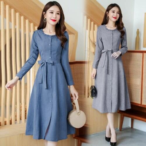 Spring Autumn Cotton and Linen Dress 2020 Fashion Elegant Temperament Long Sleeve Dress With Belt Button Slim Ladies Dresses