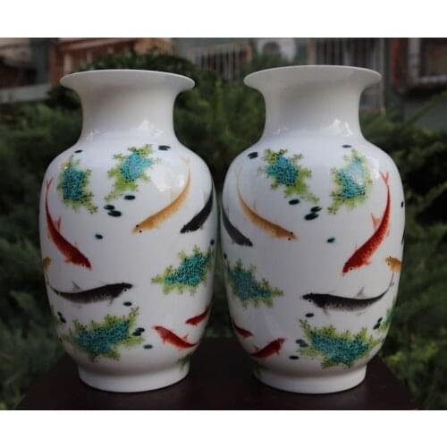 21 CM China White Porcelain & Pottery Feng Shui Animal carp Fish Flower Vase Pot pair
