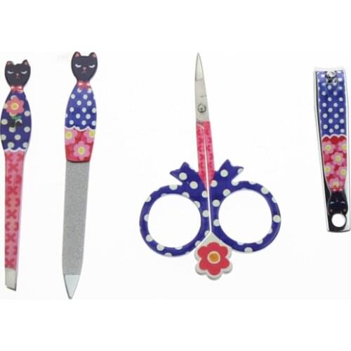 4 in 1 Black Cat Head Nail Care Kits For Women Girls Include Metal Nail File Clipper Eyebrow Tweezer Scissor