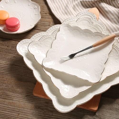 6-10" Ceramic Western Plate-Cake Plates-Square Fruits Tray-Phnom Penh Embossed Lace Round Dish-Dessert plate
