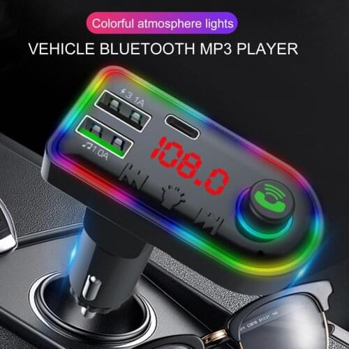 Car FM Transmitter Hands-free with Colorful Light Type-C Car Bluetooth MP3 Player for Automobile Cigarettes Lighter Interface