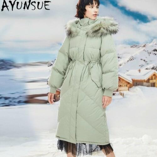 AYUNSUE Womens Winter Jacket Real Fur Collar Hooded Parka Woman White Duck Down Jackets Female Long Puffer Coat Ropa Mujer
