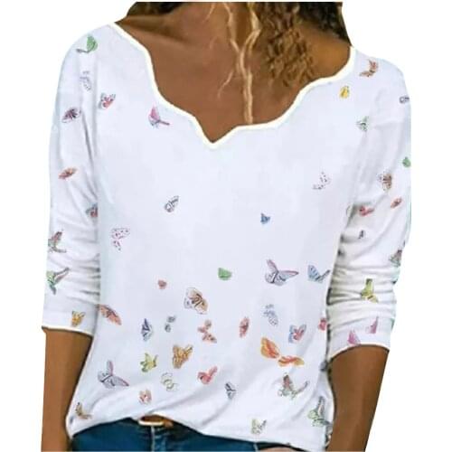 Butterfly White Blouse Women Print V-neck Long Sleeve Shirt Pullover Ladies Womens Tops And Blouses Tunics Camisas Mujer 2021