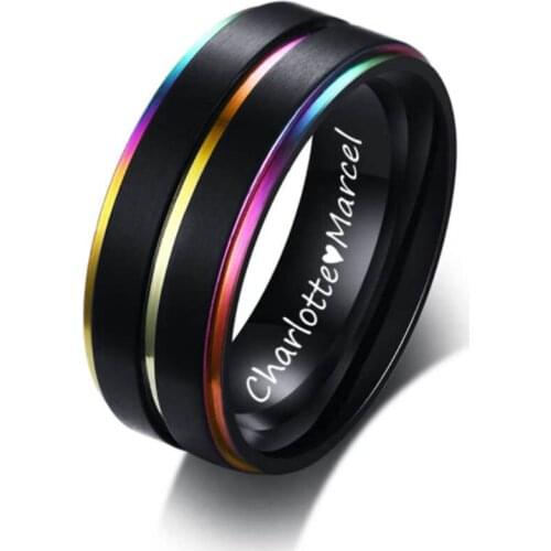Customized DIY Rainbow Rings Stainless Steel Lesbian Gay Pride Ring Center Groove Black Step Edge Brushed Finish Wedding Band