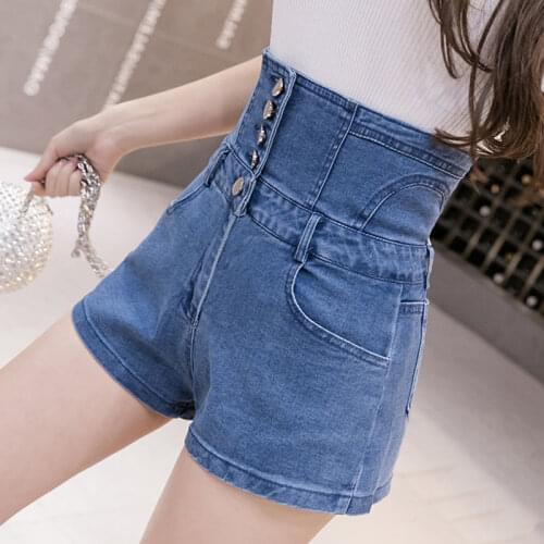Summer new denim shorts female high waist wide leg hot pants fashion buttons up back strap bandage shorts hot pants