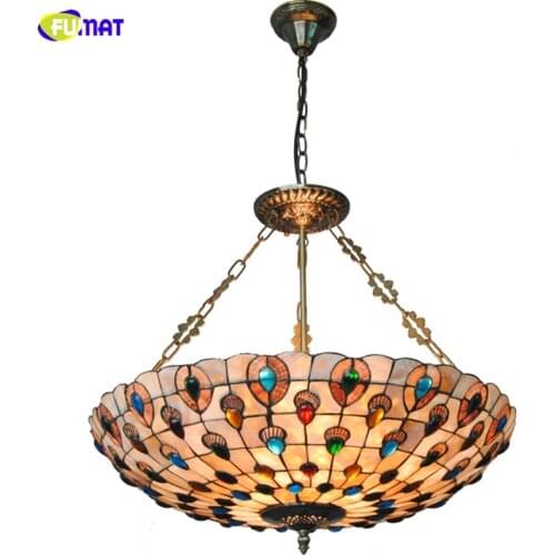 FUMAT 24" Tiffany Natural Shell Chandeliers European Indoor Lights LED Home Decor Peacock Lampshade Lightings For Living Room