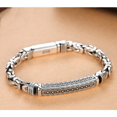 New Silver Bracelet Mens Trendy Fashion Retro Keel Peace Pattern Woven Chain Simple Single Personality