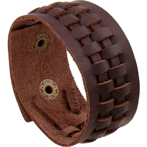 First Layer of Leather Man Bracelet Button Adjustable Vintage Genuine Leather Bangle Unisex Punk Style Circlet 23CM Men Wristlet