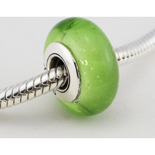 Authentic 925 Sterling Silver Murano Glass Beads elsa silver charm with light green flourescent murano glass beads Charms