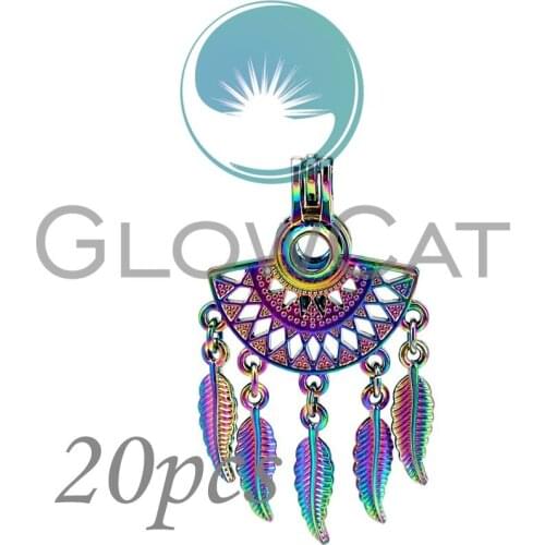 20x CC908 Rainbow Boho Semi-circular Leaf Tassel Beads Cage Essential Oil Diffuser Pearl Cage Locket Pendant
