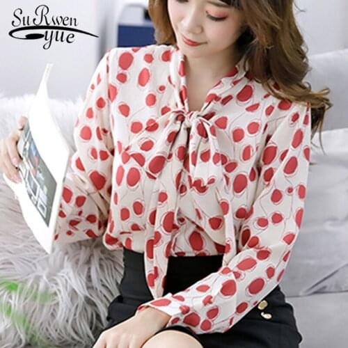 Casual Long Sleeve Women Blouse Chiffon Vintage Cardigan Women Shirt Polka Dot Bow Collar Print Clothing Camisas Mujer 6616
