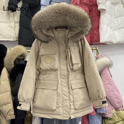 Lagabogy 2021 Large Real Raccoon Fur New Winter Women Thick Puffer Jacket Hooded 90% White Duck Down Coat High Waist Warm Parkas