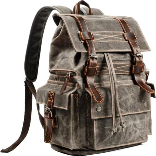 Backpack mens outdoor travel backpack canvas mens waterproof backpack large capacity drum bag student backpack