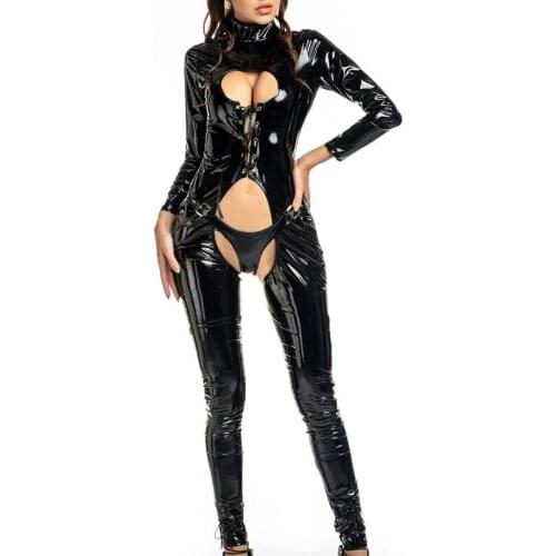 Sexy Hot Women Faux Leather Catsuit PVC Latex Bodysuit Open Crotch Jumpsuits Stretch Bodystocking Hollow out Costumes