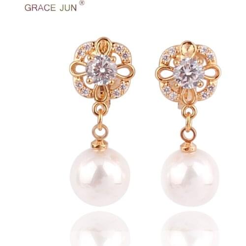 GRACE JUN AAA CZ Pearl Flower Shape Clip on Earrings Without Piercing for Women Bride Wedding Gorgeous Cushion Earrings Jewelry