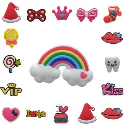 Mix Style 100pcs Sweet Rainbow Teeth Diamond PVC Shoe Charms Accessories DIY Shoe Decorations Heart Jibz Kids Favor X-mas Gift