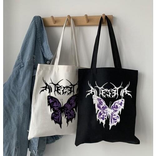 Female bag handbag female goth butterfly print Harajuku ladies casual shoulder bag large capacity printed canvas