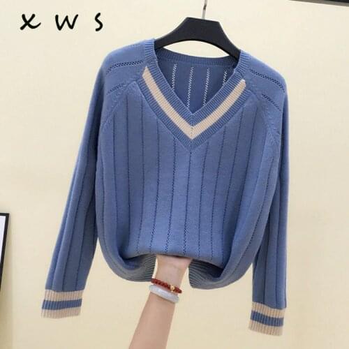 High Quality V-NECK spring autumn oversized Sweater Pullover Women big size Solid Knitted Sweater casual Female Sweater lazy