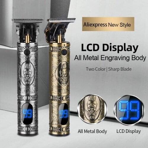 LCD Cordless Zero Gapped T Blade Hair Trimmer Outliner Salon Clippers USB Rechargeable Barber Beard Shaver for Men Haircut