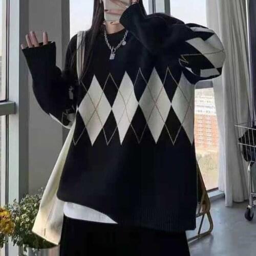 Knitted Cashmere Sweaters Women Casual Pullover Argyle Sweater Winter College Style Loose Top Woman Jumper Sueter De Mujer 2021