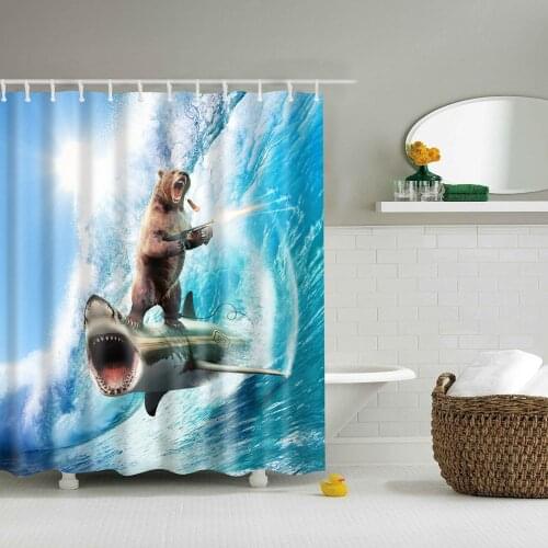 Shower Curtain Bear Animal Funny Brave Bear On A Shark Shower Curtains Theme Art For Washable Fabric Bathroom Decor