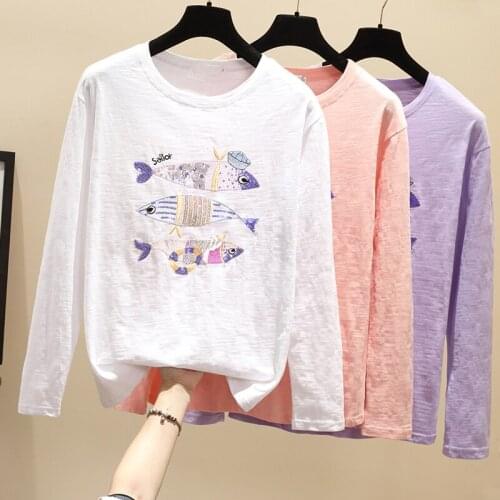 Cotton Long Sleeved Embroidery Top Korean Fashion WomenS T-Shirt Female Vintage Clothing Blouses 2021 Kawaii Harajuku