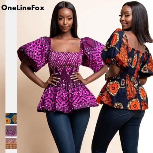 OneLineFox Womens Long Puff Sleeve Square Neck Printed Slim Fit Summer Blouse Shirt Slim Fit T-Shirt Tops