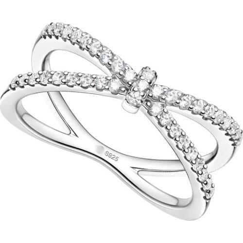 SLJELY Fashion Simple Real 925 Sterling Silver Crossed Bow-knot Finger Ring Micro Zircon Women Wedding Fine Party Brand Jewelry