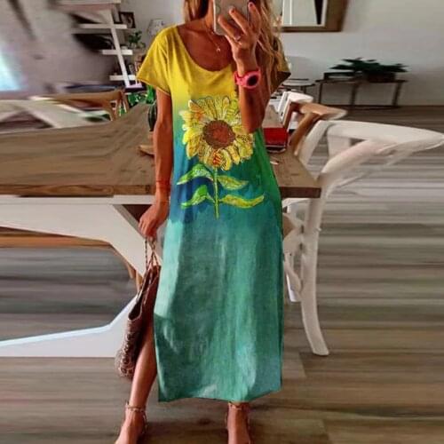 Women Casual Sunflower Tie-dye Print Side Split Long Dress 2021 Summer Fashion O Neck Short Sleeves Pullover Elegant Party Dress