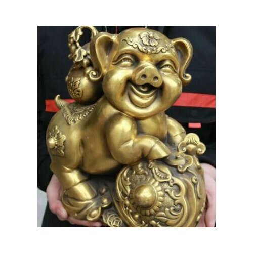 12" Pure Bronze Fengshui Pig Swine Animal Yuanbao Coin Money Ruyi Gourd Statue
