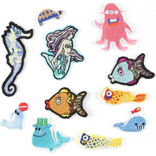 Marine Life Motif Iron on Appliques Fish Hippocampus Chelonia Mydas Octopus Mermaid Embroidery Kawaii Clothing Patches