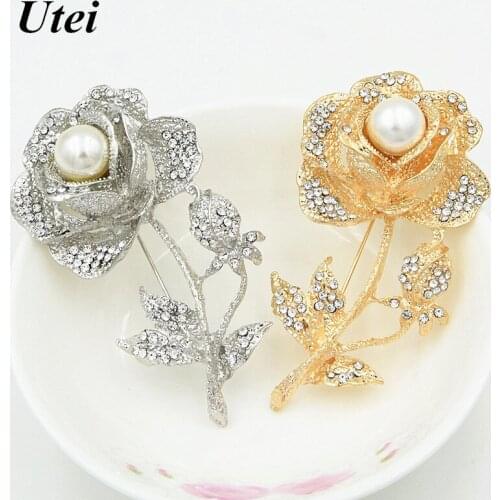 Large Rose Flower Crystals And Pearl Wedding Bouquet Brooch Fantastic Women Jewelry Pins For Party