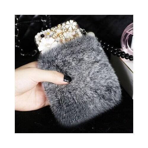 3D Cute Rabbit Hairy Warm Fur Case for iPhone 12 11 Pro Max X XS MAX XR 6S plus 7 8 Plus Case Bling Rhinestone Plush Bunny Cover