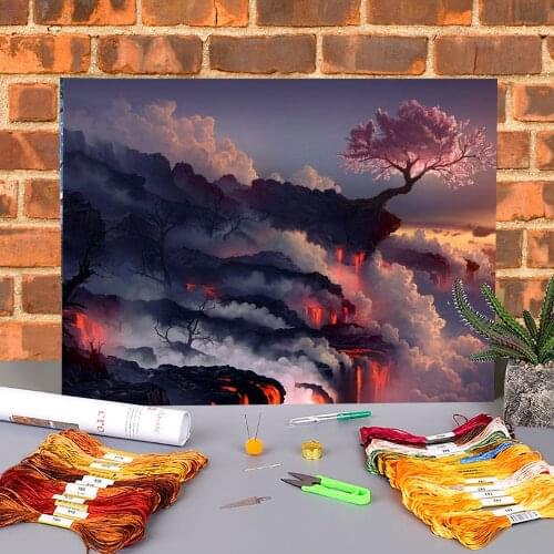 Flower Sakura Printed Fabric 11CT Cross-Stitch DIY Embroidery Patterns DMC Threads Needlework Handiwork Handmade Design