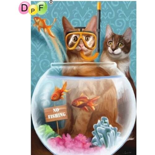 DPF 3D Diamond Embroidery Cat and fish Diamond Painting Cross Stitch Square diamond Mosaic kit Needlework home Decor picture